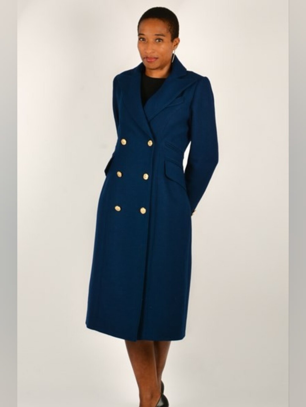 Smythe Double-Breasted Navy Pea Coat with Gold Buttons Size 8 In EUC